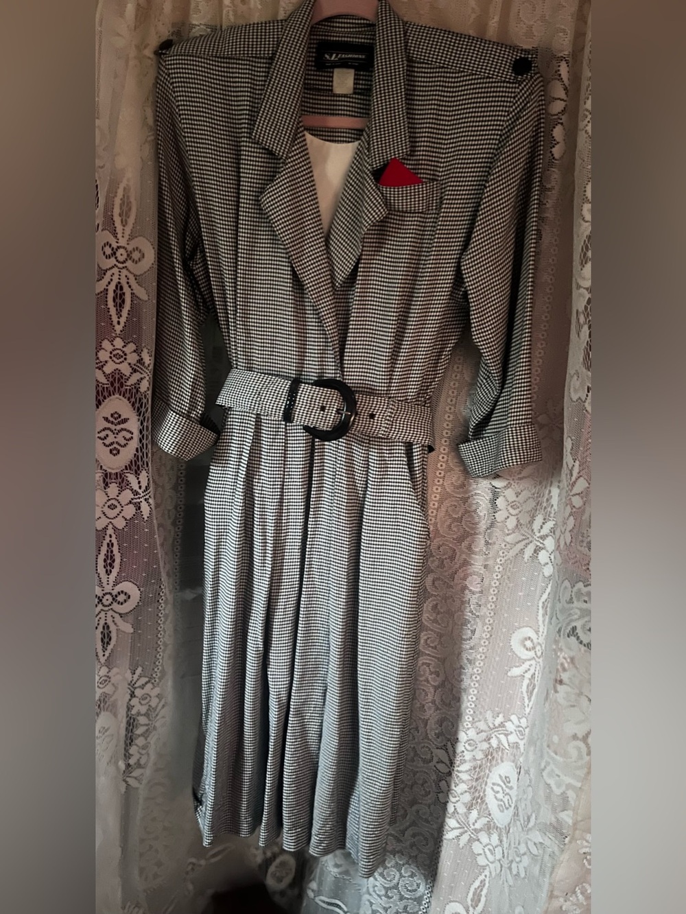 Vtg black & white houndstooth belted dress power dressing retro 80’s office